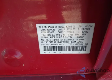 2006 Acura Tsx из США, поврежденный, VIN JH4CL96966C010648